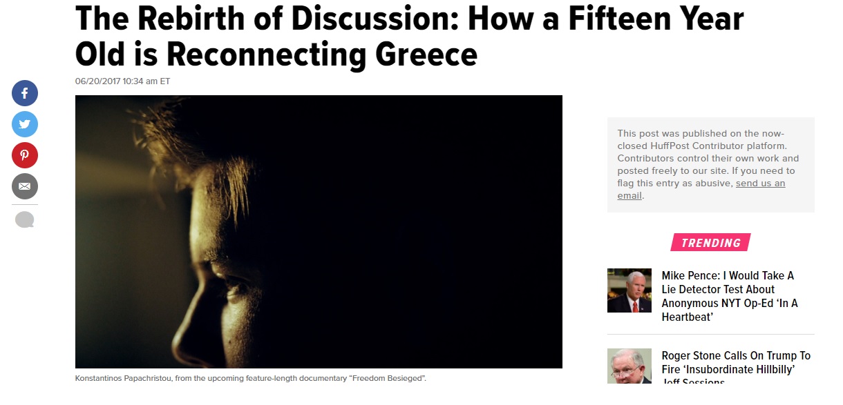 Άρθρο του Παναγιώτη Γιαννίτσου στη HUFFINGTON POST US: The Rebirth of Discussion: How a Fifteen Year Old is Reconnecting Greece